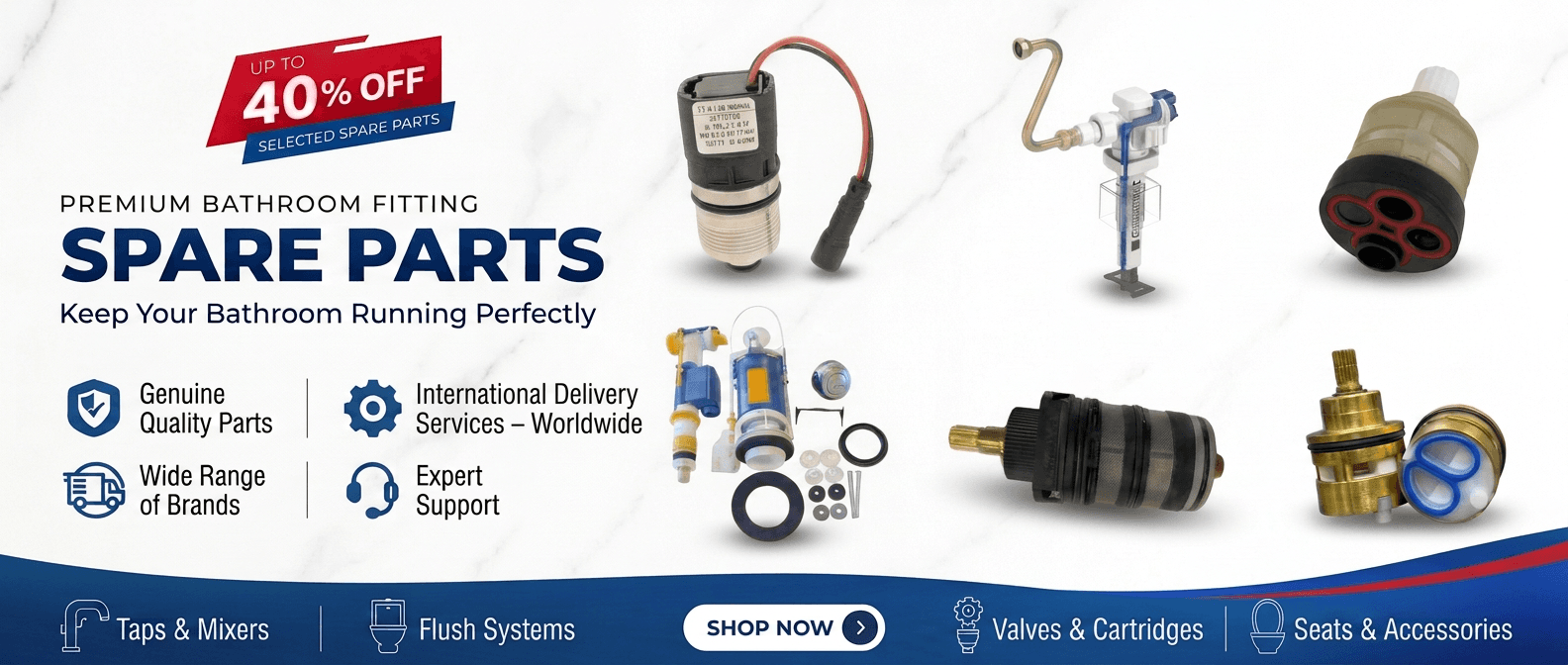 Premium bathroom fitting spare parts, up to 40% off selected spare parts, keep your bathroom running perfectly — genuine quality parts, international delivery services worldwide, wide range of brands, expert support; taps and mixers, flush systems, valves and cartridges, seats and accessories